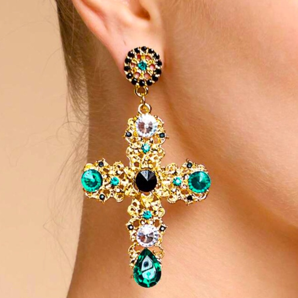 Jeweled Gold Cross Earrings
